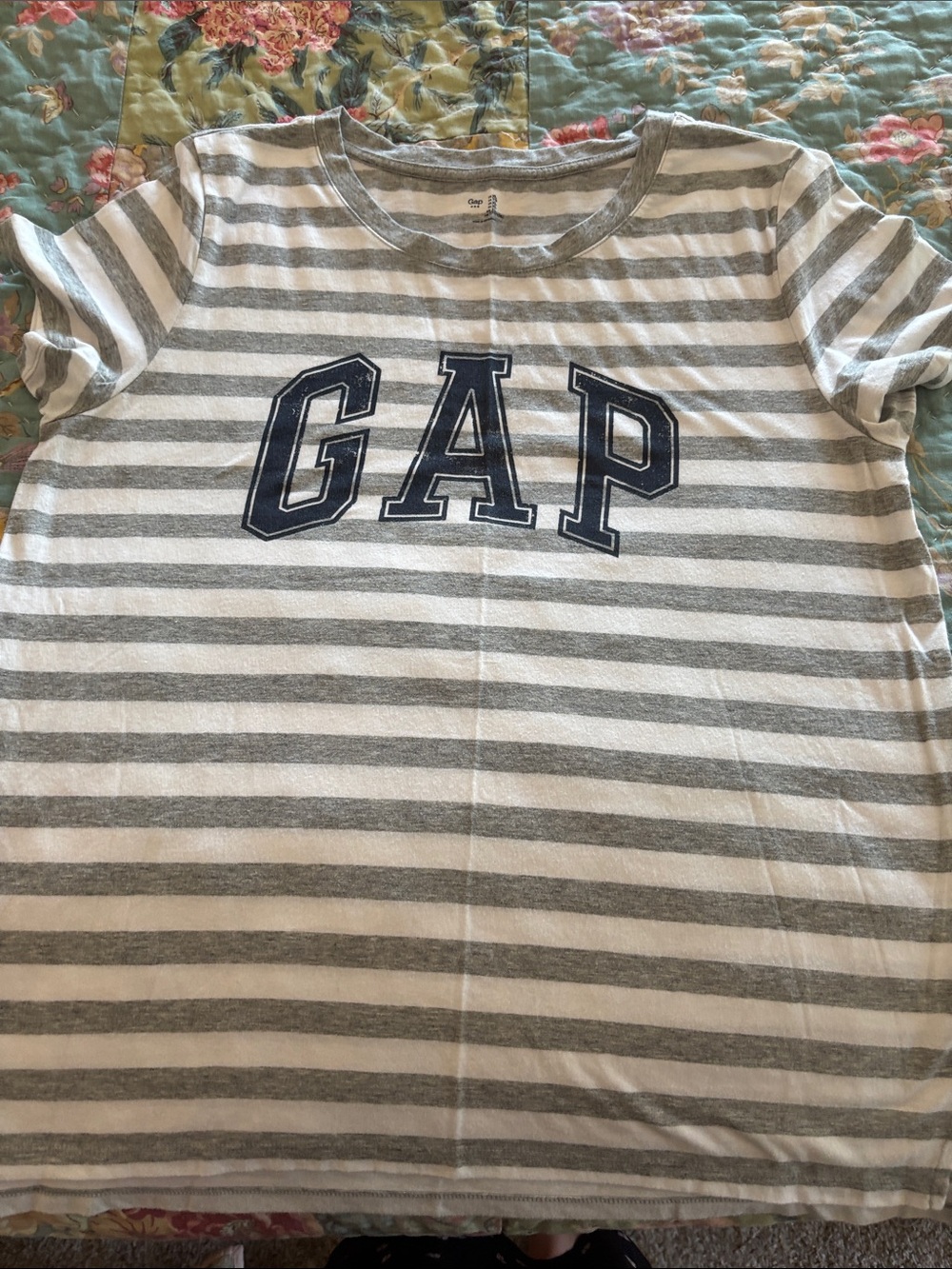 GAP Gray & White Striped Short Sleeve Tee with Navy Logo